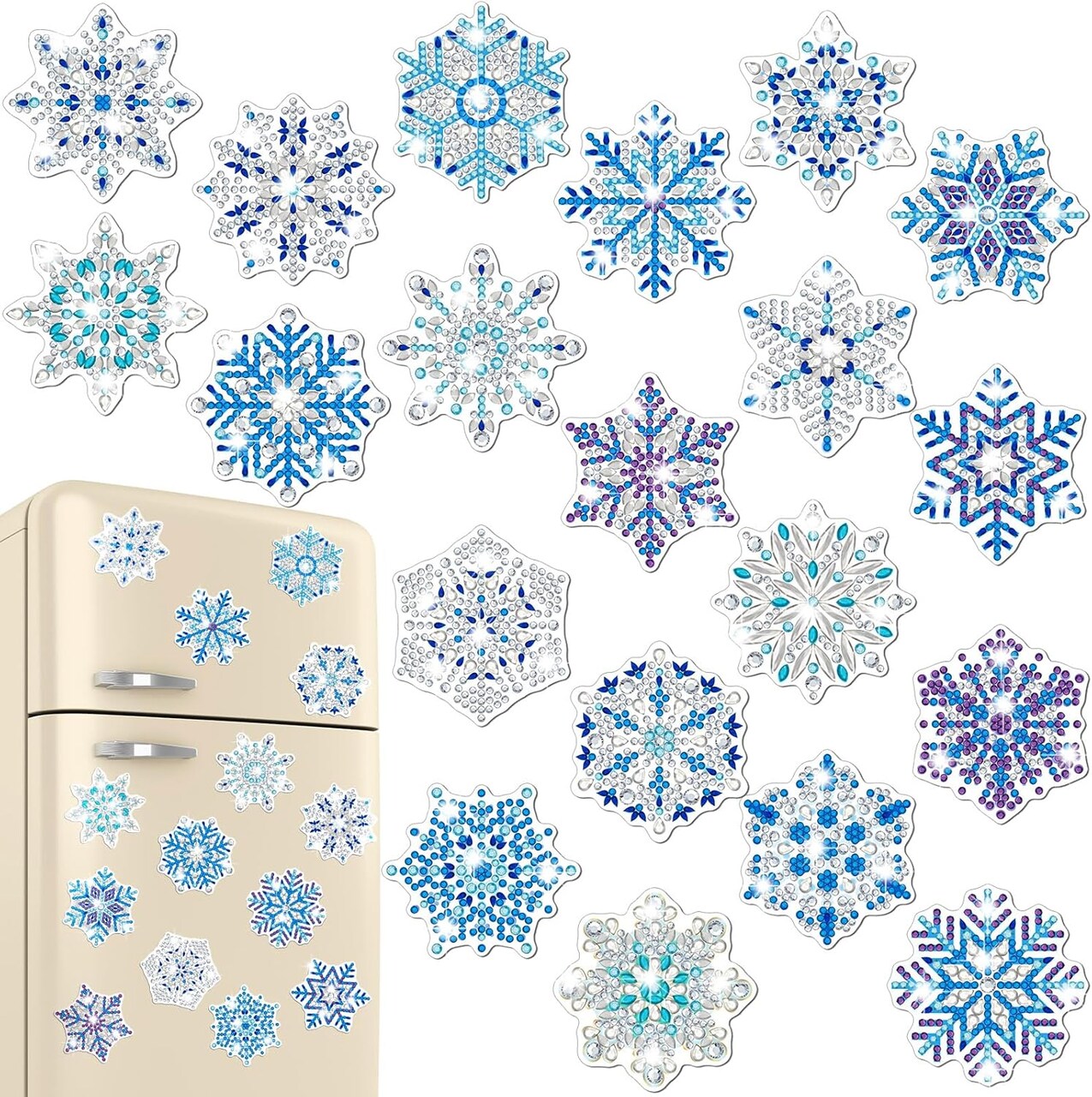 20 Pcs Winter Christmas Snowflake Diamond Painting Magnets Winter Fridge Magnet Diamond Art Kits Christmas Diamond 5D DIY Diamond Art Magnets Decals Craft for Xmas Ornaments Family Decor